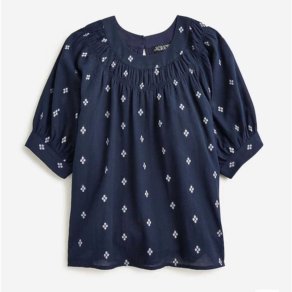 J. Crew Women's Smock Neck Puff Sleeve Top Navy White Clip NWT
